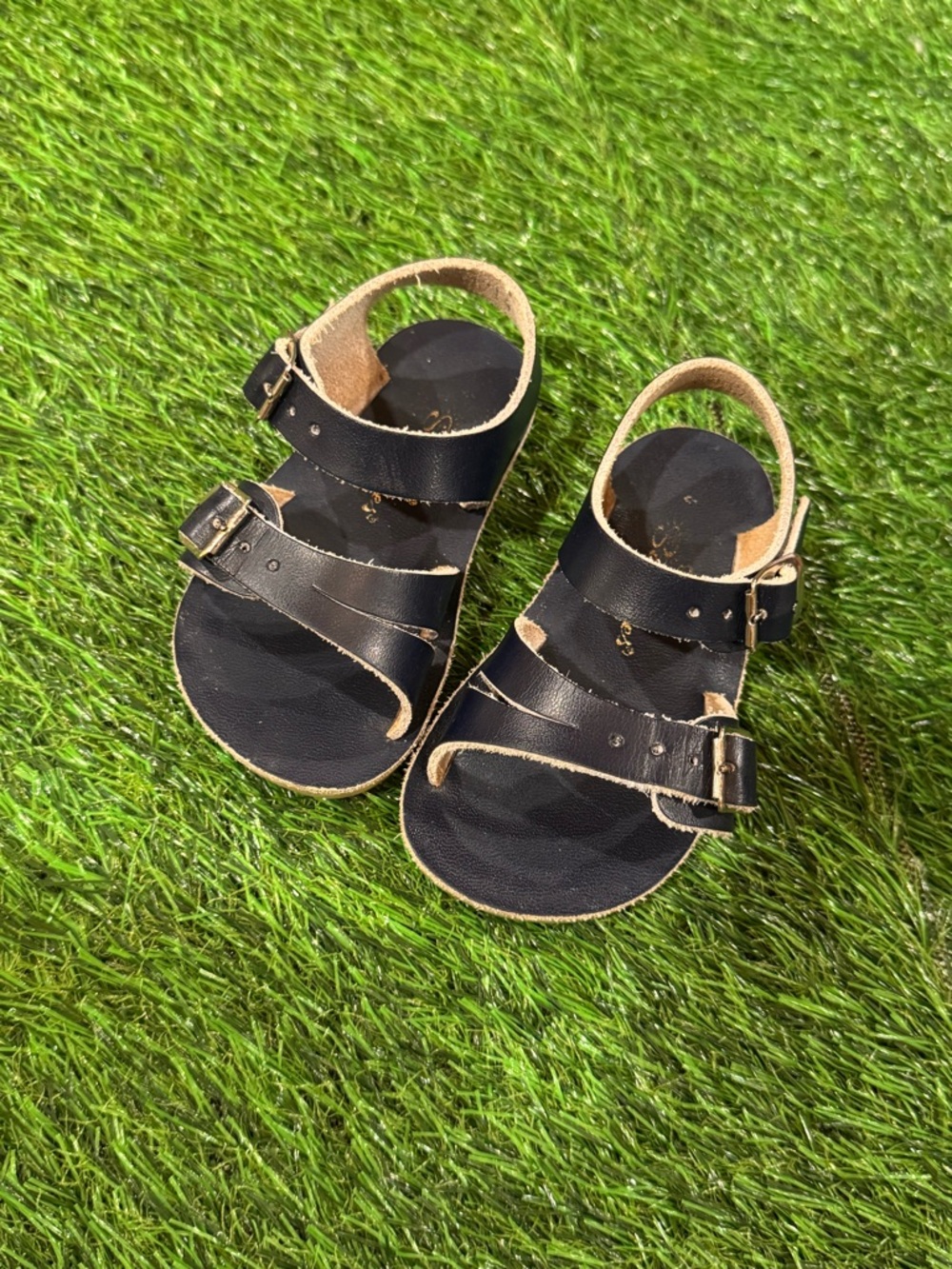 Kids Navy Leather Buckle Sandals
